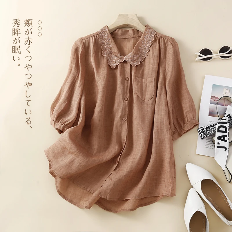 Summer Ramie Shirt Women Fashion Lace Collar Short-sleeved Retro Japanese Style Loose Cotton Linen Shirt 2023
Summer Ramie Shirt Women Fashion Lace Collar Short-sleeved Retro Japanese Style Loose Cotton Linen Shirt 2023