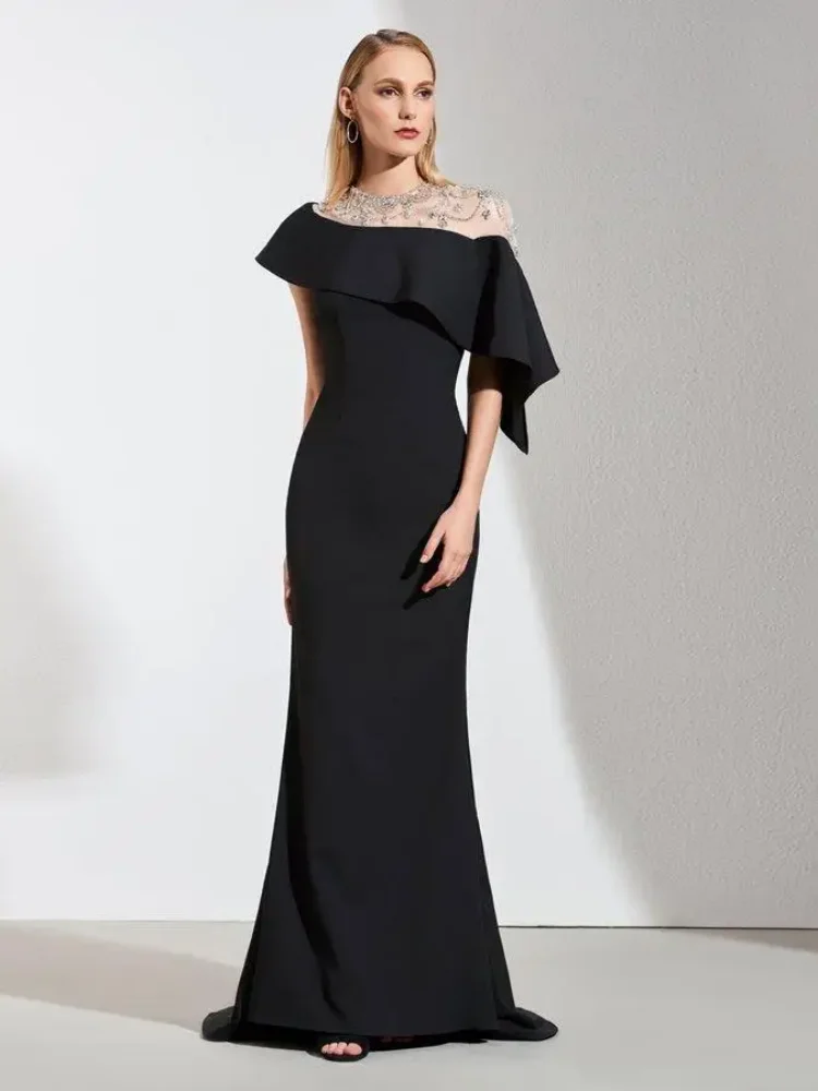 

Mermaid Off the Shoulder Short Sleeves Ruffles Islamic Dubai Saudi Arabic Long Prom Gowns Black Muslim Party Evening Dress 2024