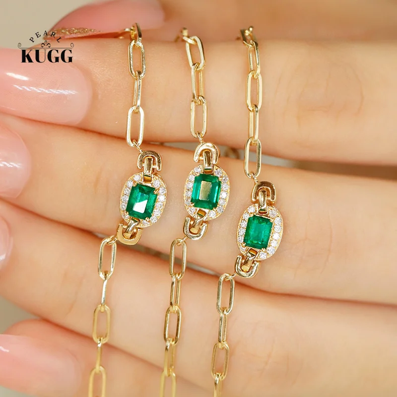 

KUGG 18K Yellow Gold Necklace Fashion Vintage INS Style Real Diamond Natural Emerald Necklace for Women High Party Jewelry