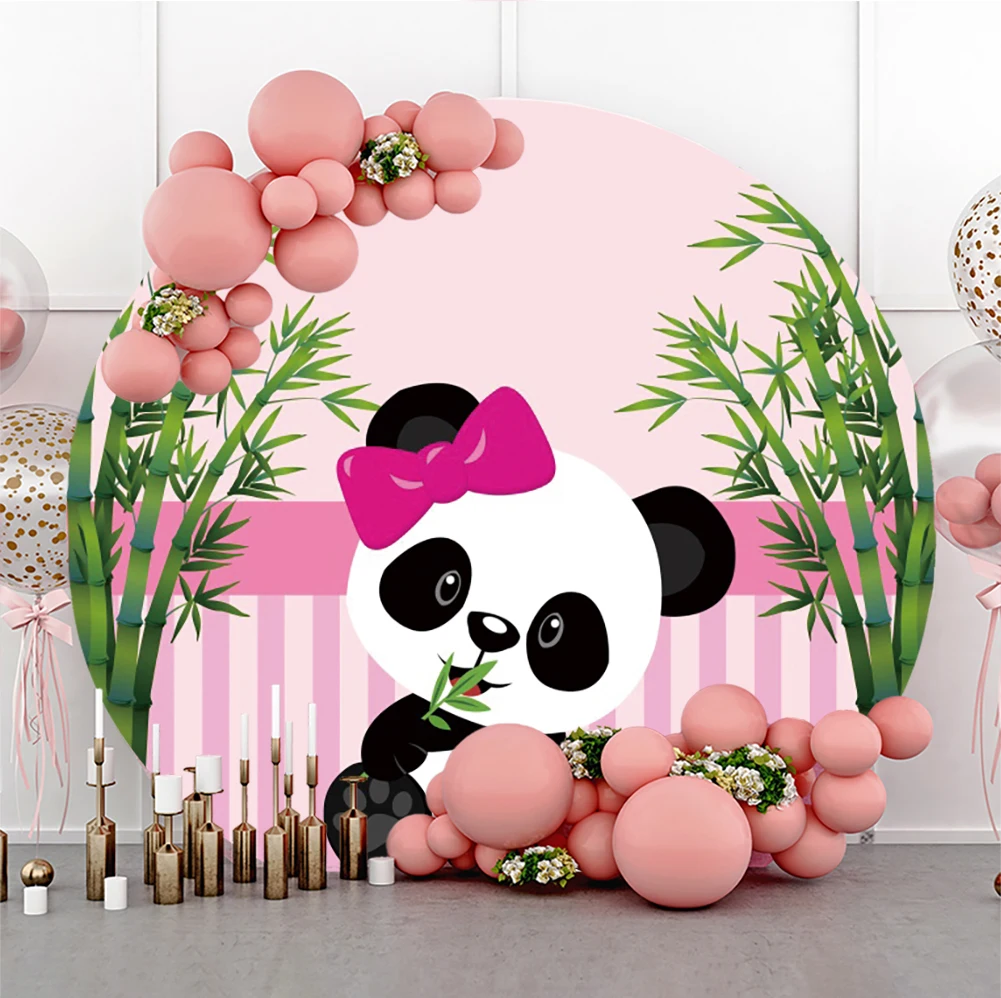 

Laeacco Pink Striped Panda Round Backdrop Panda Party Bamboo Girls Birthday Party Baby Shower Portrait Photography Background