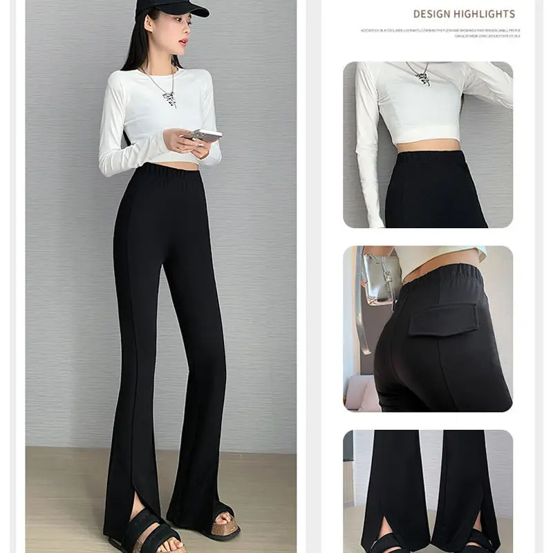 High Waist Slim Pants Women Casual Black Front Slit Elastic Waist Flared Pants Office Lady Floor-Length Trousers
High Waist Slim Pants Women Casual Black Front Slit Elastic Waist Flared Pants Office Lady Floor-Length Trousers