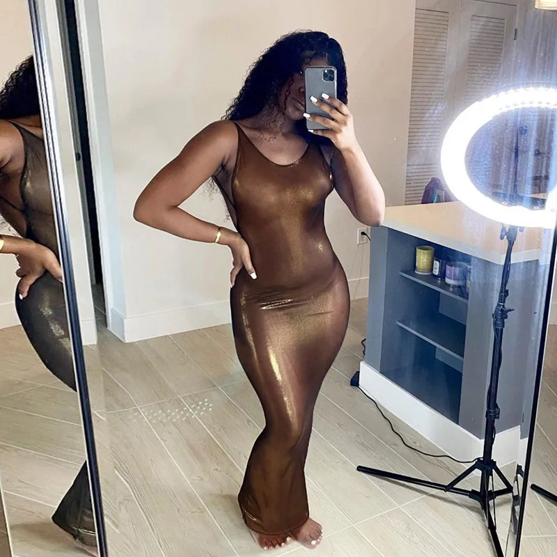 Woman Sleeveless PU Leather Dress Solid Color Backless Bodycon Metallic Midi Dress S-L 3Color D0C4049K
Woman Sleeveless PU Leather Dress Solid Color Backless Bodycon Metallic Midi Dress S-L 3Color D0C4049K