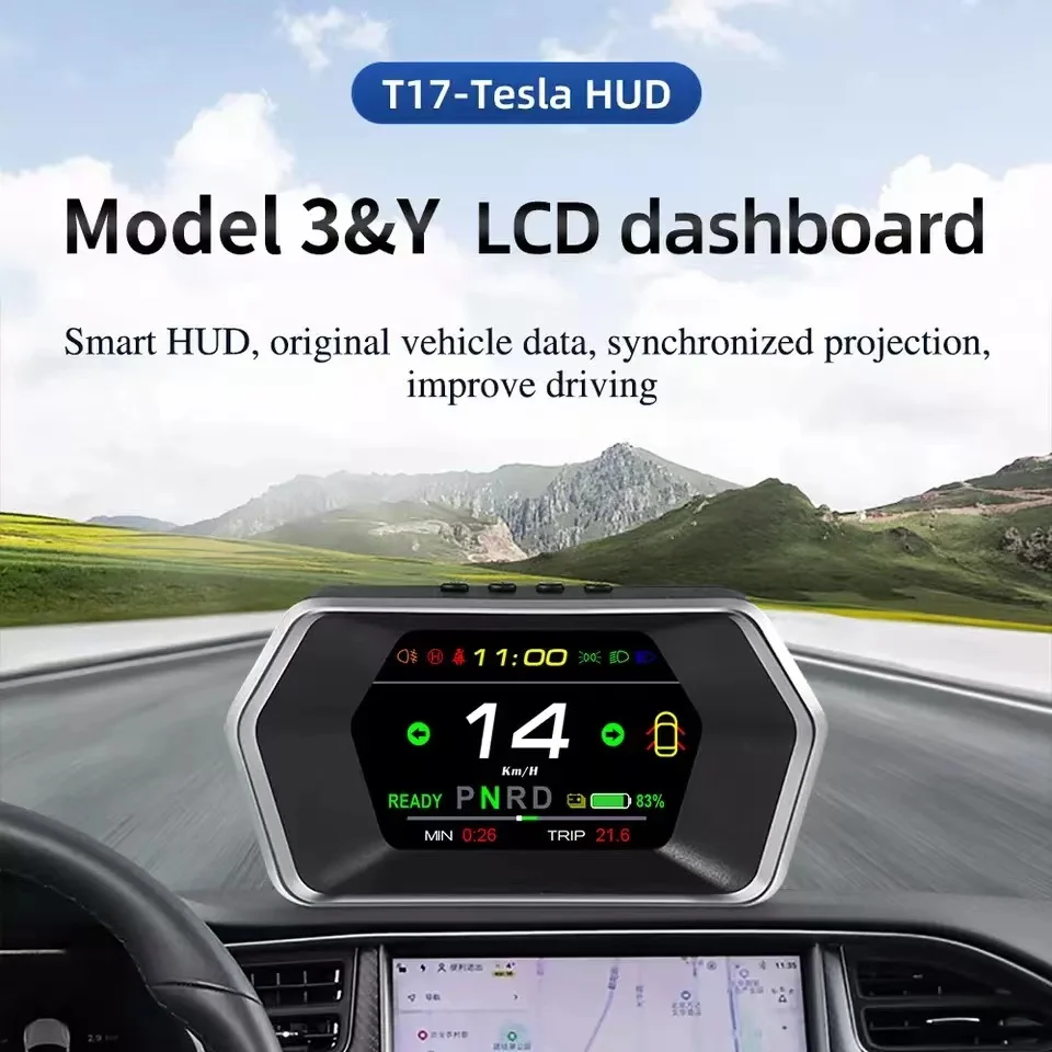

New OBD HUD T17 HUD LCD Display Meter Digital Tesla Model 3&Y Speed Mileage Remaining Battery Safety Indicator Travel Time Turn