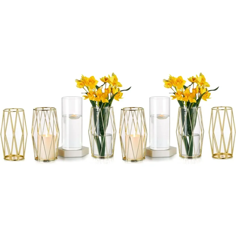 

Современные золотые вазы для цветов, центральные части, стеклянная ваза 8,5 дюйма с металлической подставкой, набор из 6 бесплатных домашних украшений для комнаты