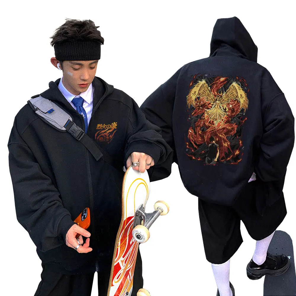 

Japanese Anime Flame of Recca Graphic Zipper Hoodie Men's Manga Vintage Zip Up Jacket Male Casual Cozy Oversized Sweatshirt Coat