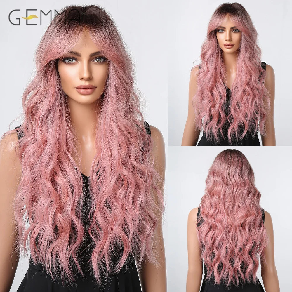 

GEMMA Long Pink Wavy Wig with Bangs Curly Wave Natural Hair Dark Roots Wigs for Women Cosplay Party Lolita Heat Resistant Fibre