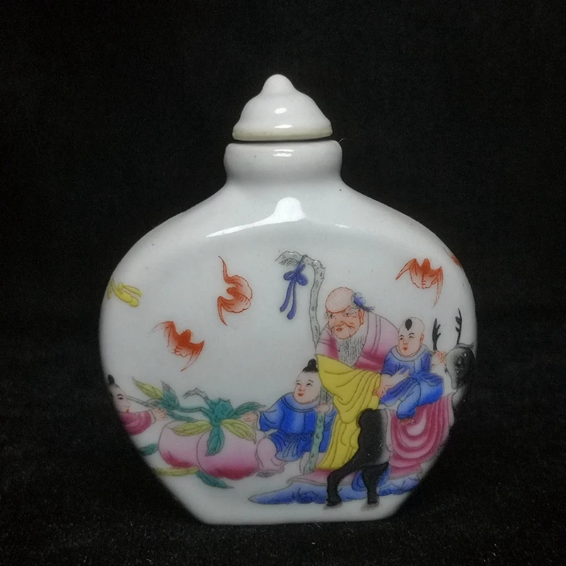 

Chinese Famille rose Porcelain Painting Boy God of Longevity Statue Snuff Bottle Decoration Collection Size 7.7 CM