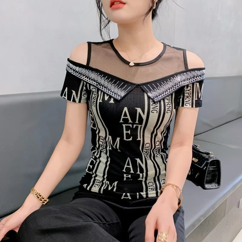 Summer Stripe Letters Design T Shirt Chic Sexy Off Shoulder O-Neck Shiny Diamonds Women's Bottoming Short Sleeve Tees Top
Summer Stripe Letters Design T Shirt Chic Sexy Off Shoulder O-Neck Shiny Diamonds Women's Bottoming Short Sleeve Tees Top