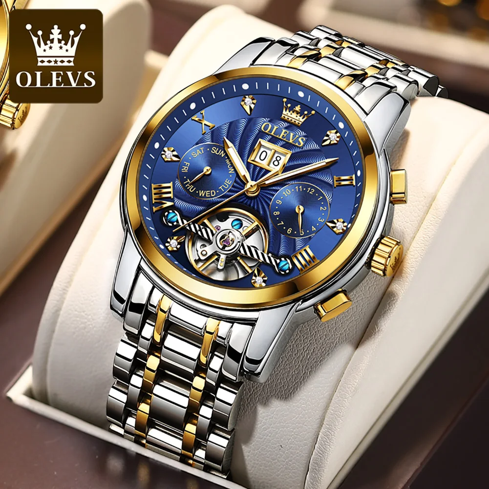 

OLEVS Skeleton Watch for Men Luxury Automatic Mechanical Men's Watches Week Date Luminous Dial Stainless Steel Wristwatch Reloj