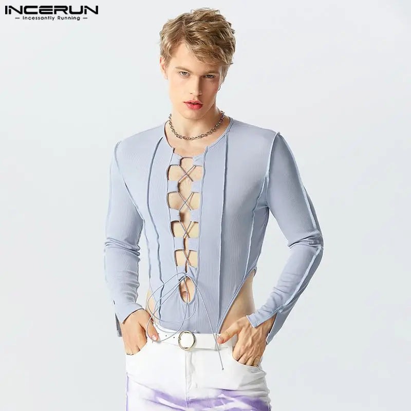 

INCERUN 2023 Sexy Handsome Men Homewear Rompers Strap Design Bodysuits Male Solid Long Sleeve High Fork Triangle Jumpsuits S-5XL