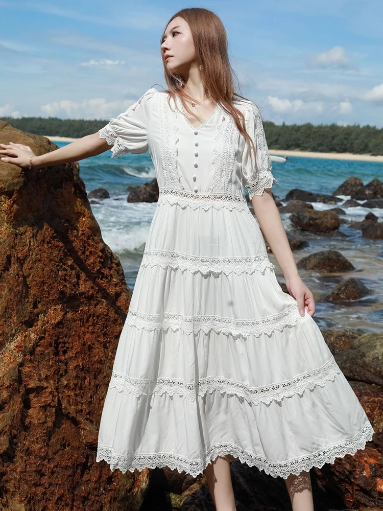 

GypsyLady Elegant French Chic Tiered Dresses Summer Cotton Lace Ruffles Women White V-neck Holiday Beach Ladies Dress New