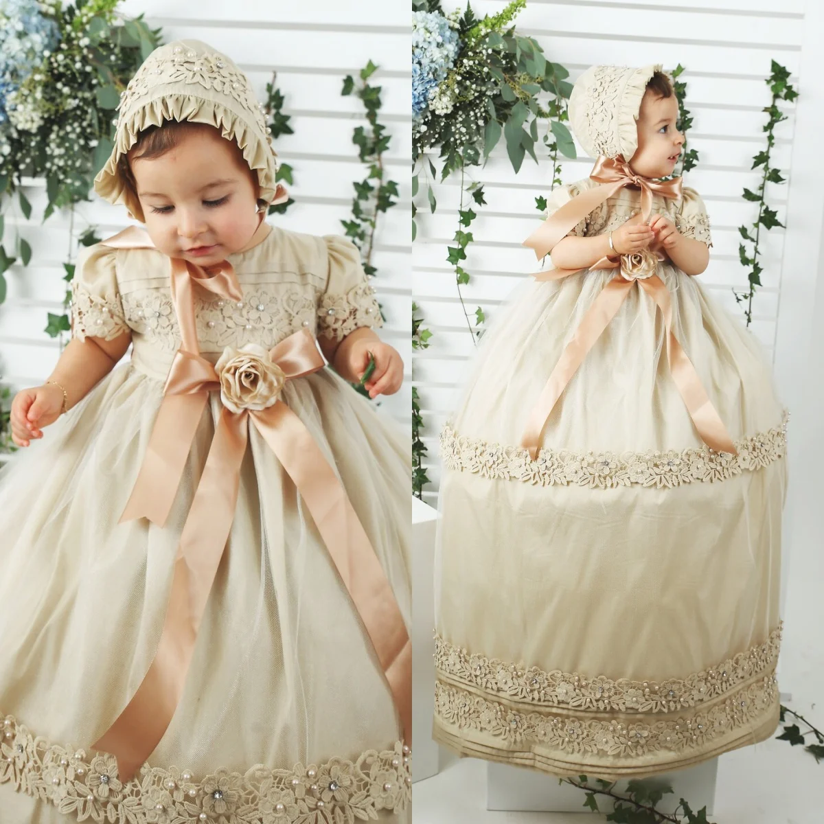 

Champagne Baby Christening Gowns Lace Beads Girls Baptism Floor Length Floral Newborn Kids Birthday First Communion Dresses