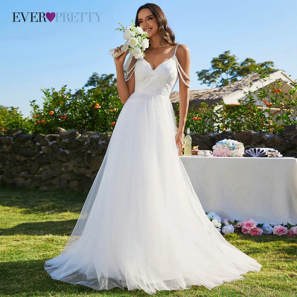 

Ever Pretty New Fashion A Line V Neck Princess Bridal Gown Off Shoulder Appliques Pearls Wedding Dress vestidos de novia 2089