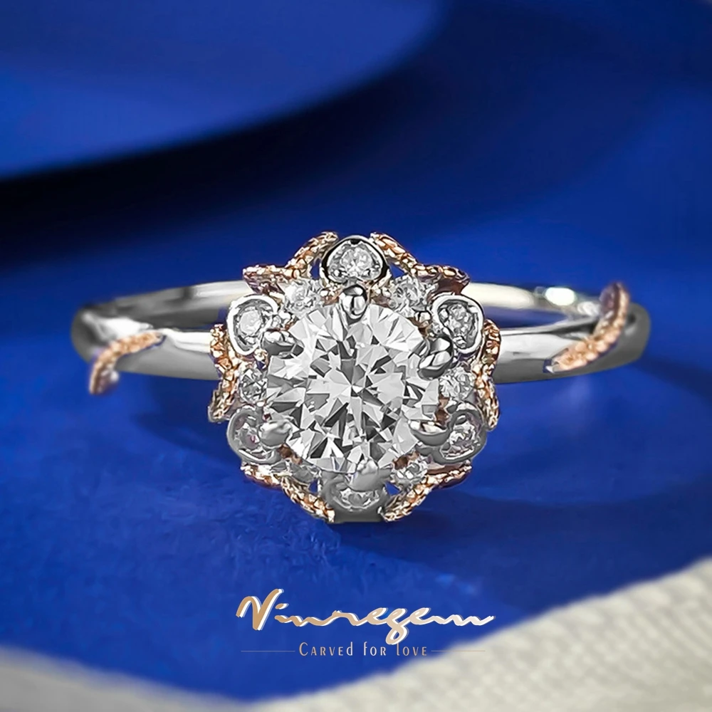 

Vinregem Round Cut 0.5CT Lab Created Sapphire Gemstone Flower 925 Sterling Silver Fine Ring for Women Wedding Engagement Jewelry