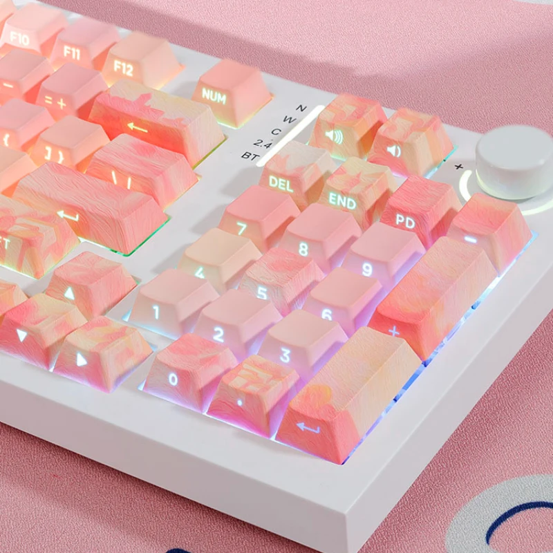 

Pink Story Oil Painting Theme Key Cap Translucent PBT Side Engraved Dye Sublimation 130 Keys OEM Keycaps for Mechanical Keyboard