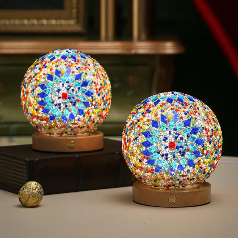

Vintage Mosaic Glass Ball LED Desk Lamp Retro Baroque Style Night Light USB Powered decorative Light for Bedside living room