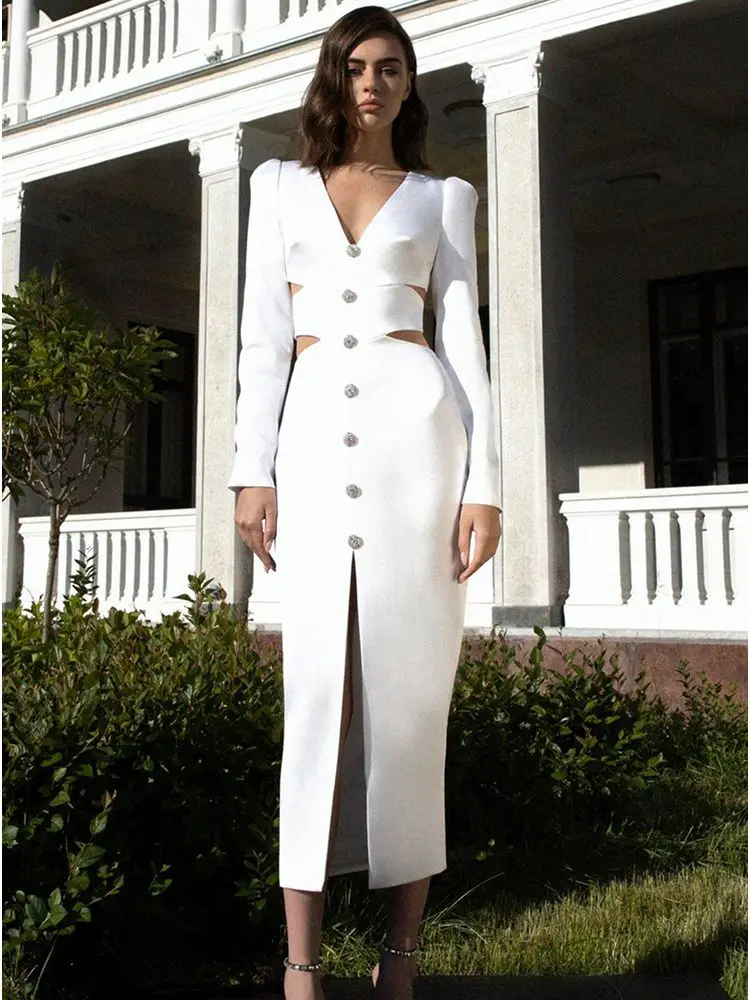 2022 Winter Long Sleeve Maxi Bandage Dress Sexy White V-Neck Hollow Out Diamond Button Dress Evening Club Celebrity Party Dress
2022 Winter Long Sleeve Maxi Bandage Dress Sexy White V-Neck Hollow Out Diamond Button Dress Evening Club Celebrity Party Dress