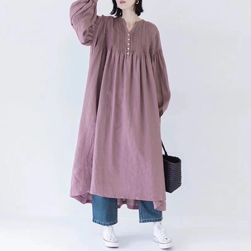 Johnature Pleated Three-button Cotton Linen Long-sleeved Japanese Loose Dresses Women 2024 Autumn New V-neck Casual Dresses
Johnature Pleated Three-button Cotton Linen Long-sleeved Japanese Loose Dresses Women 2024 Autumn New V-neck Casual Dresses