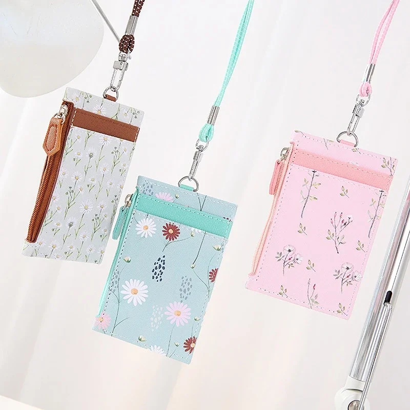 

Women's Flower Pu Leather Card Bags ID Bus Credit Card Holder with Neck Strap Lanyard Badge Holder Coin Purse Money Bags Wallet