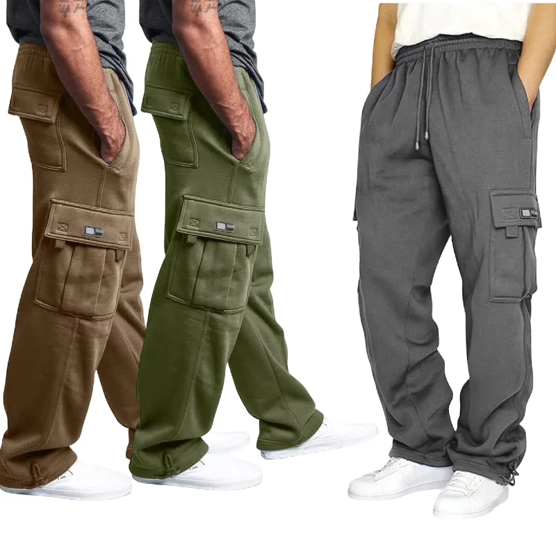 

Autumn And Winter Fleece-lined Sports Casual Trousers Men's Leg-tied Multi-pocket Tether Loose Tooling Trousers