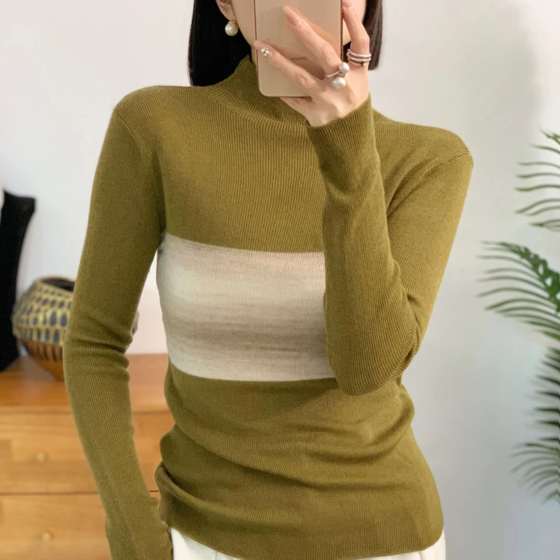 New Women's Wool Sweater Autumn Winter Ladies High Collar Elastic Slim Fit Pullover Fashion Color Collision Knitted Warm Tops
New Women's Wool Sweater Autumn Winter Ladies High Collar Elastic Slim Fit Pullover Fashion Color Collision Knitted Warm Tops