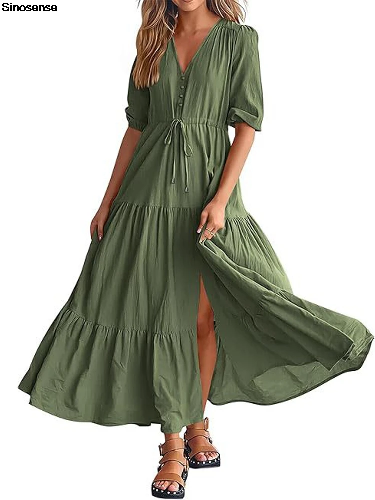 

Women Summer Boho Beach Dress Casual Short Sleeve V Neck Button Drawstring Ruffle Tiered A Line Flowy Maxi Wedding Guest Dress