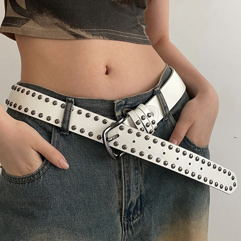 White Y2K punk rivet belt for women, geometric design