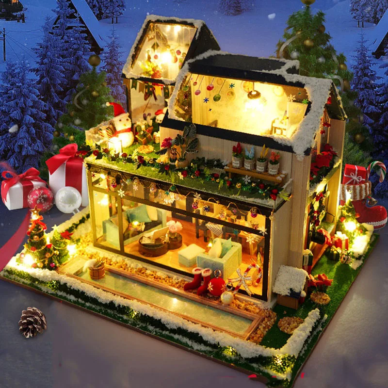 

DIY Wooden Dollhouse Miniature Furniture With LED Light Kit Christmas Forest Villa Doll Houses Assemble Toys Children Gift Casa