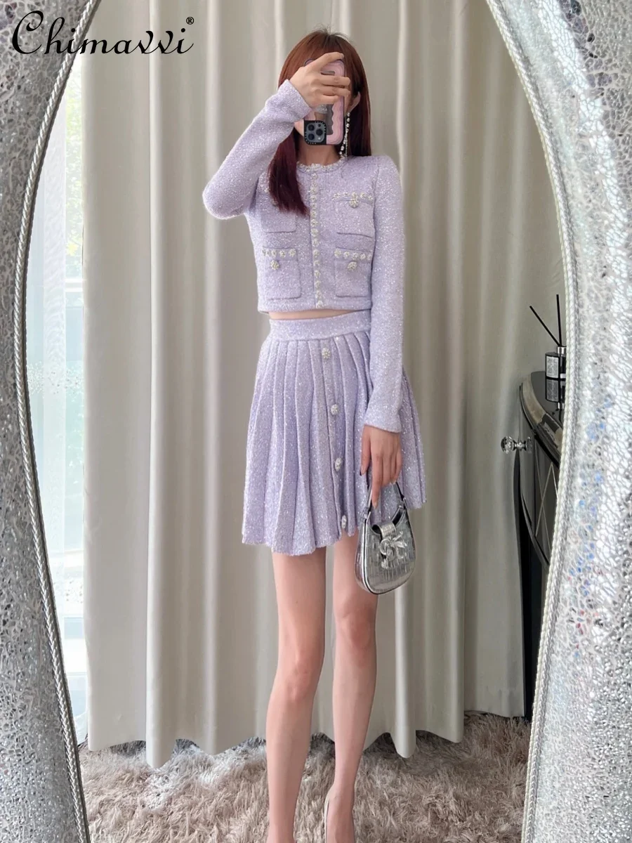 Autumn Clothes High-End French Office Lady Purple Sequins Long Sleeve Cardigan Coat Slimming Pleated Skirt Women's Knit Outfits
Autumn Clothes High-End French Office Lady Purple Sequins Long Sleeve Cardigan Coat Slimming Pleated Skirt Women's Knit Outfits