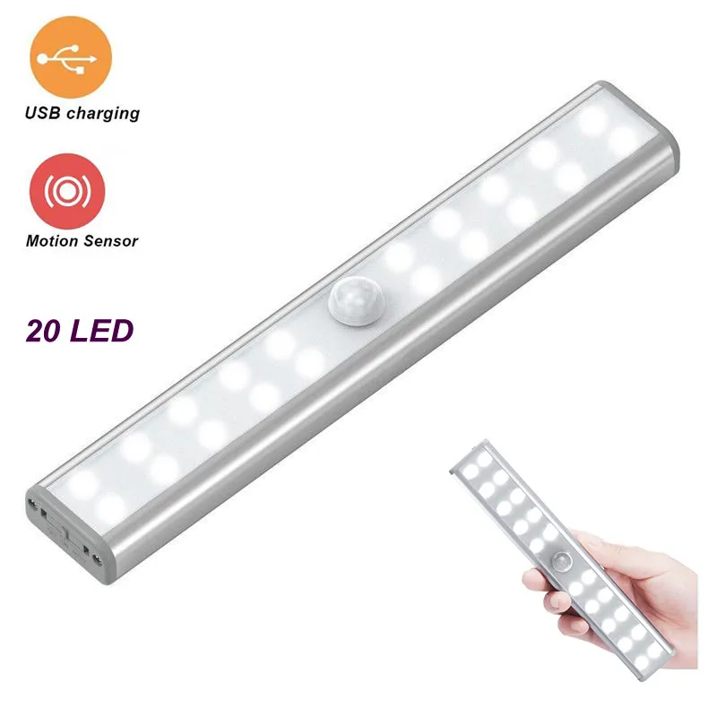 

USB Rechargeable 20 LED PIR Motion Sensor Night Light Wireless Closet Corridor Wardrobe Night Lamp Under Cabinet Light 3 Modes