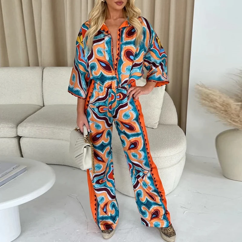 Retro Pattern Print Shirt Suit Fashion Lapel Collar Button Top & Long Pant Outfits Women Casual Long Sleeve Loose Two Piece Sets
Retro Pattern Print Shirt Suit Fashion Lapel Collar Button Top & Long Pant Outfits Women Casual Long Sleeve Loose Two Piece Sets