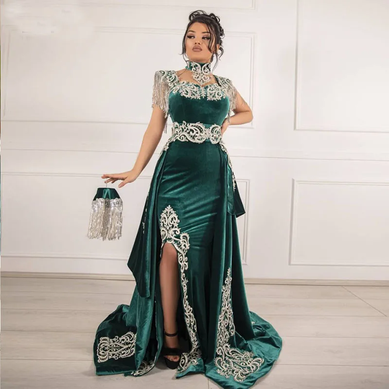 

Saudi Arabia Prom Dress Velvet Side Slit Applique Women Wear Evening Formal Gowns Detachable Train Vestidos De Ocasión Formales