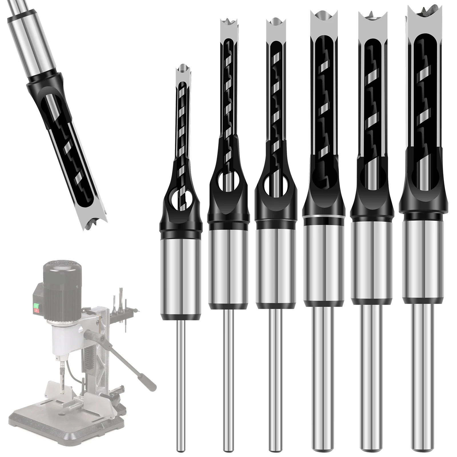 6Pcs Square Hole Drill Bits High Speed Steel Mortising Chisel Drill Bit with 1/4inch 5/16inch 3/8inch 1/2inch 5/8inch 9/16inch
6Pcs Square Hole Drill Bits High Speed Steel Mortising Chisel Drill Bit with 1/4inch 5/16inch 3/8inch 1/2inch 5/8inch 9/16inch