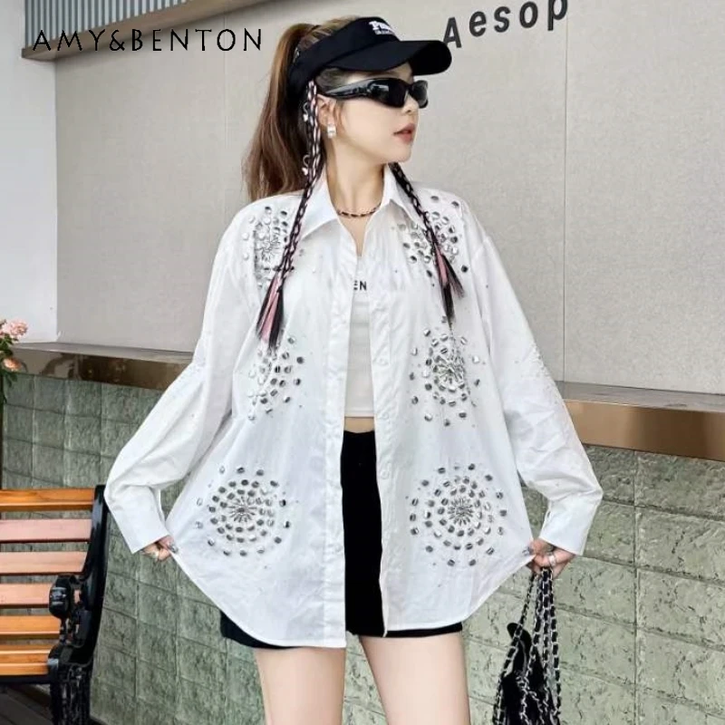 

European Style Exquisite Rhinestone Cool Long Sleeved Loose White Shirt New Women's Design Loose Beaded Age-Reducing Blouse Coat