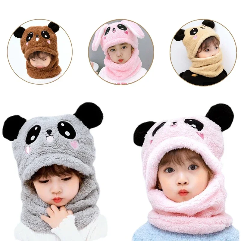 

Children Cartoon Scarf Hat Girls Boys Scarf Thicken Cap Double Fleece Warmth Child Adult Parent-child Hat Kids Accessories