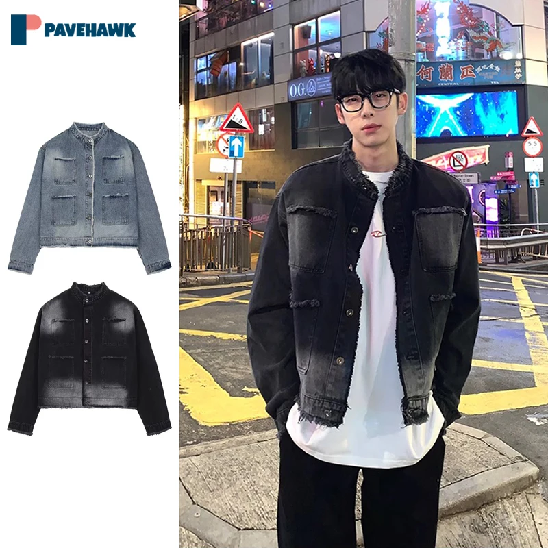 

Mens Washed Denim Jacket High Street Retro Raw Edge Cargo Jean Coats Spring Autumn Male Korea Cropped Cowboy Cardigan Outwear