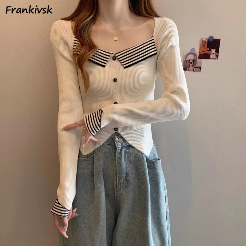 

Spliced Sweaters Women Slim French Style Retro Asymmetrical Daily Pullover Advanced Formal Streetwear Prevalent Striped Chic