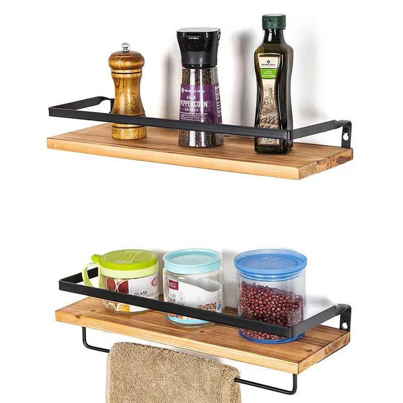 

Wall Mounted Floating Shelf Wooden Spice Storage Rack Kitchen Bathroom Organizer Shampoo Shower Holder With Towel Bar Home Decor