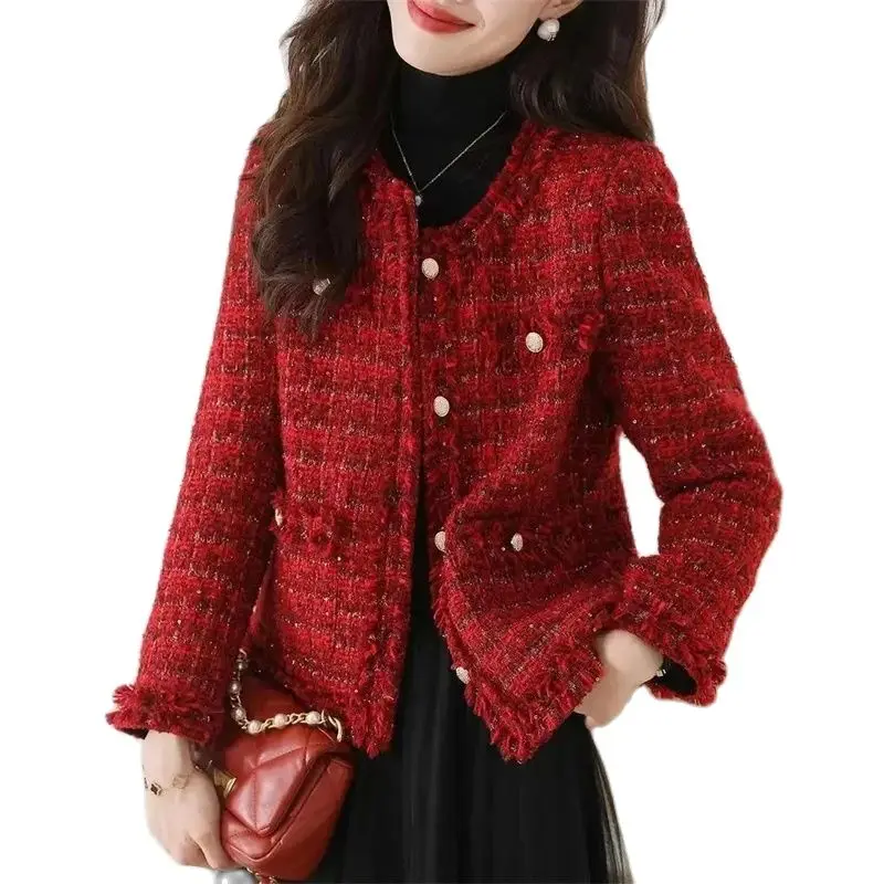 

Fashion Red Coarse Tweed Coat 2024 New Spring Autumn Women Woolen Jacket Tops Coat Korean Version Short Slim Female Outerwear