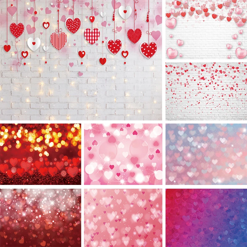 

Valentines Heart Backdrop White Brick Wall Pink Hearts Party Decoration Banner Kissing Booth Photo Studio Background Photography