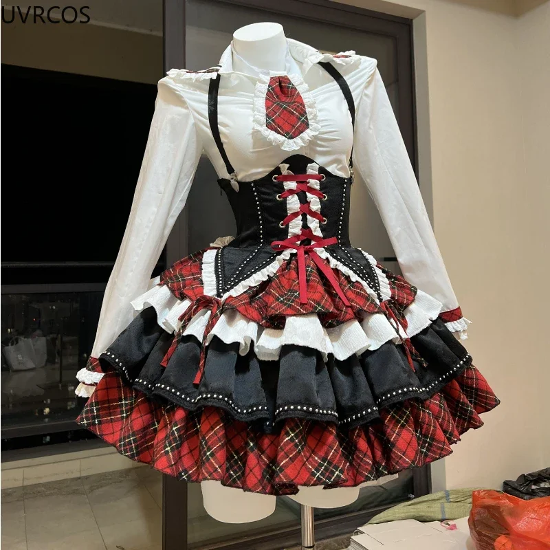 

Japanese Gothic Lolita 3 Piece Set Women Plaid Patchwork Kawaii Sweet Mini Skirt Suit Female Korean Fashion Chic Y2k Outfit 2023