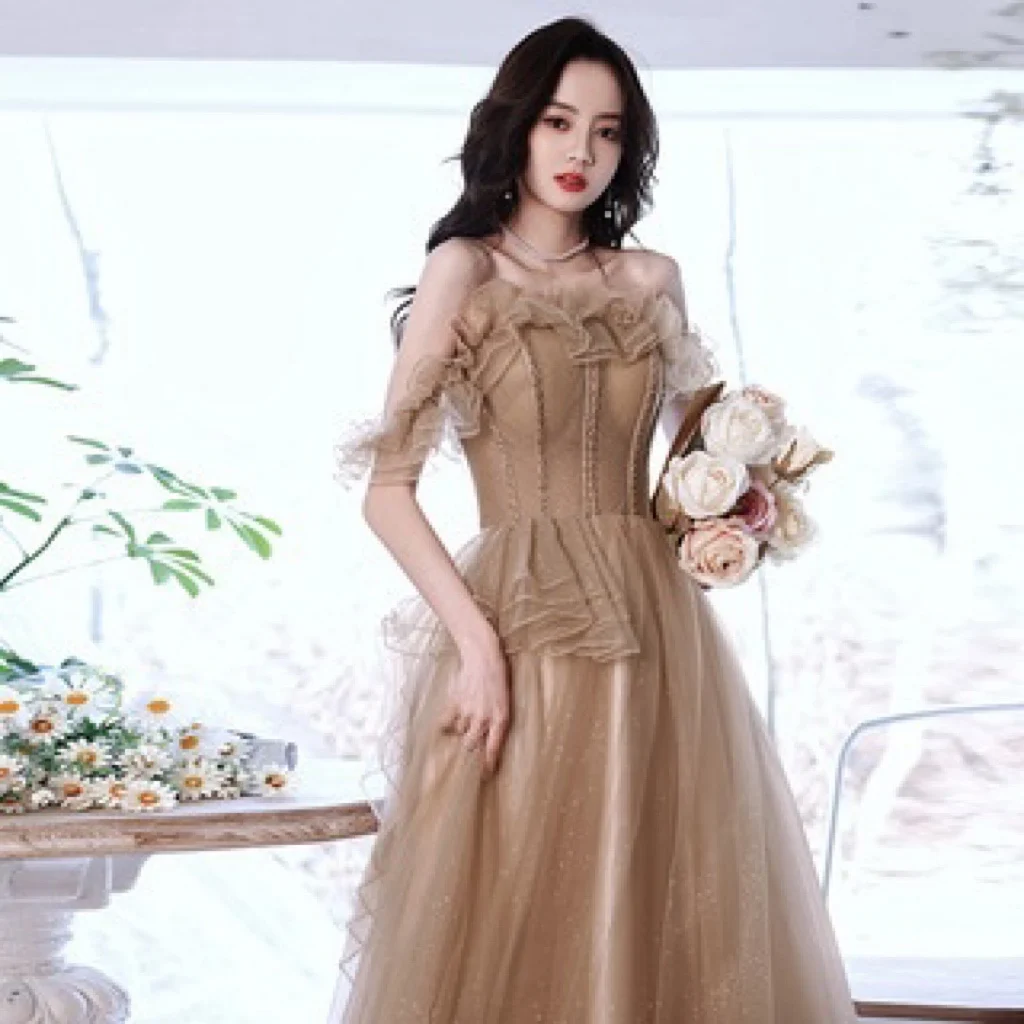 

Gorgeous Khaki Evening Dress Strapless Ruffles Saudi Arabia Off Shoulder Beading Lace Up Slim A Line Tulle Pleated Prom Gowns