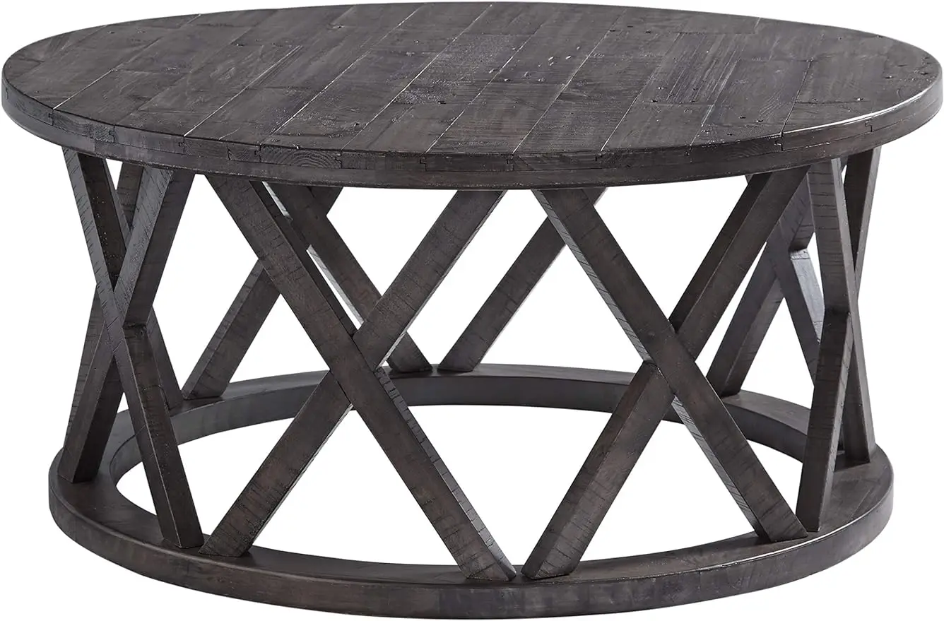 

Signature Design by Ashley Sharzane Rustic Round Solid Wood Pine Coffee Table, Weathered Gray Finish