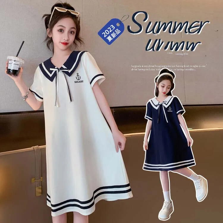 

2024 Korean Summer School Girl Academy Style Princess Dress Children Girl Lapel Bowknot One-piece Dress Junior Girl Prom Dress