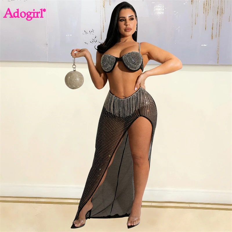 Adogirl Crystal Diamonds Two Piece Set Party Dress Women Sexy Bra Top Diamond Tassel High Split Sheer Mesh Maxi Skirt Club Suit
Adogirl Crystal Diamonds Two Piece Set Party Dress Women Sexy Bra Top Diamond Tassel High Split Sheer Mesh Maxi Skirt Club Suit