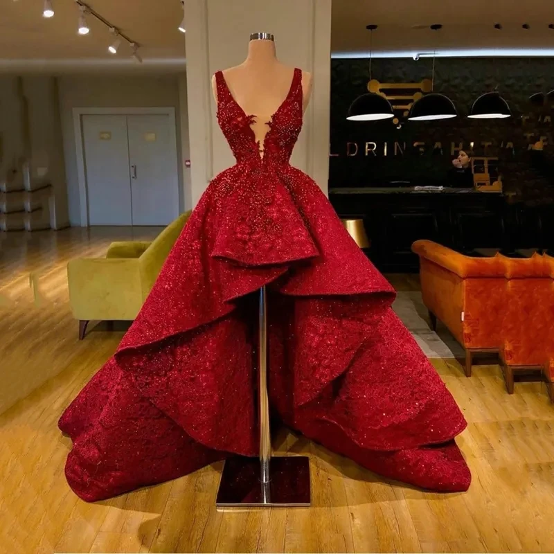 Red Sequined High Low Prom Dresses Ruffle A-Line Train Lace Deep V-Neck Celebrity Dresses For Women فساتين سهره فاخره 2023
Red Sequined High Low Prom Dresses Ruffle A-Line Train Lace Deep V-Neck Celebrity Dresses For Women فساتين سهره فاخره 2023