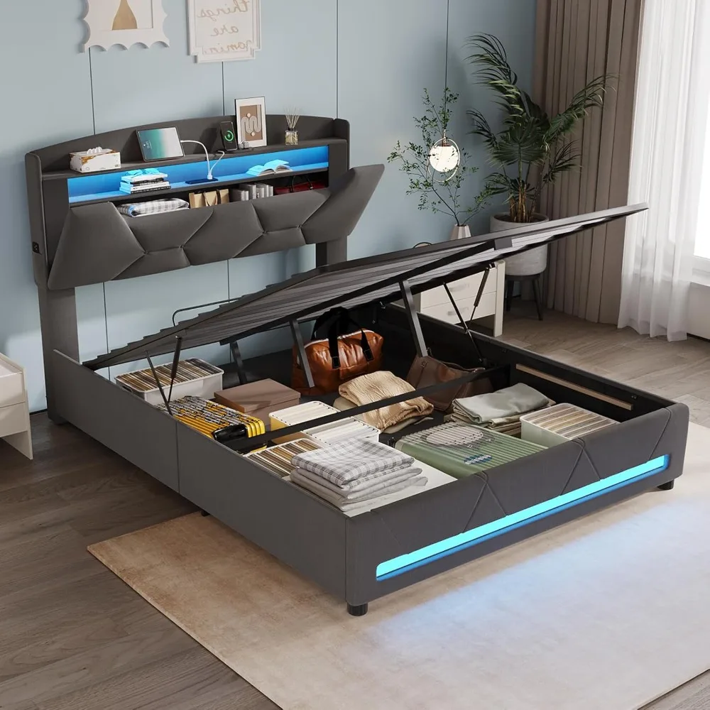 Maupvit Full Lift Up Storage Bed Frame,Platform Bed with Upholstered Storage Headboard,Charging Station&Led Lights,Hydraulic Sto Maupvit Full Lift Up Storage Bed Frame,Platform Bed with Upholstered Storage Headboard,Charging Station&Led Lights,Hydraulic Sto