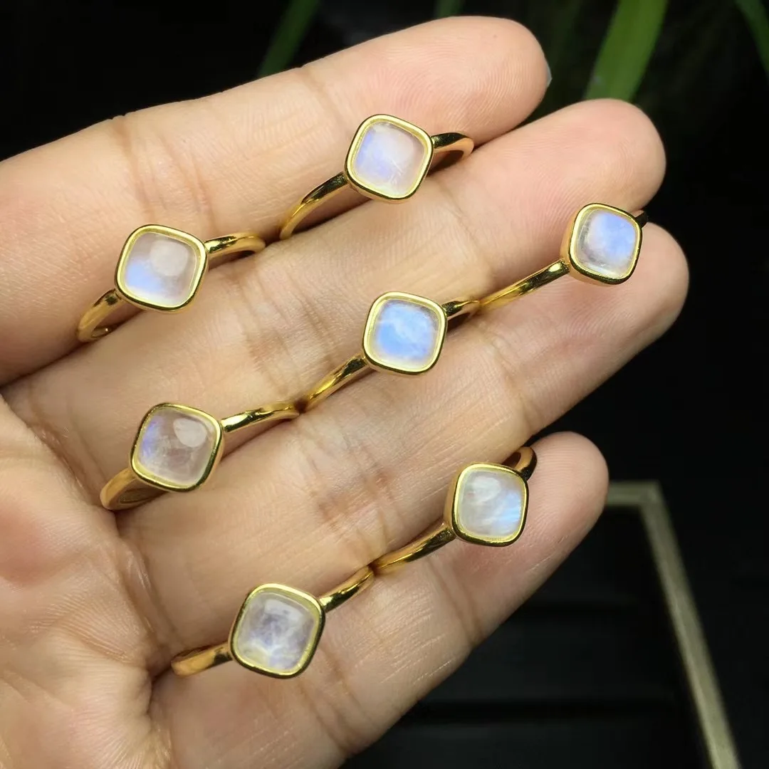 

S925 Natural Blue Moon Stone Rings For Women Vintage Sparkling Birthstone Gemstone Jewelry Handmade Gift 1PCS