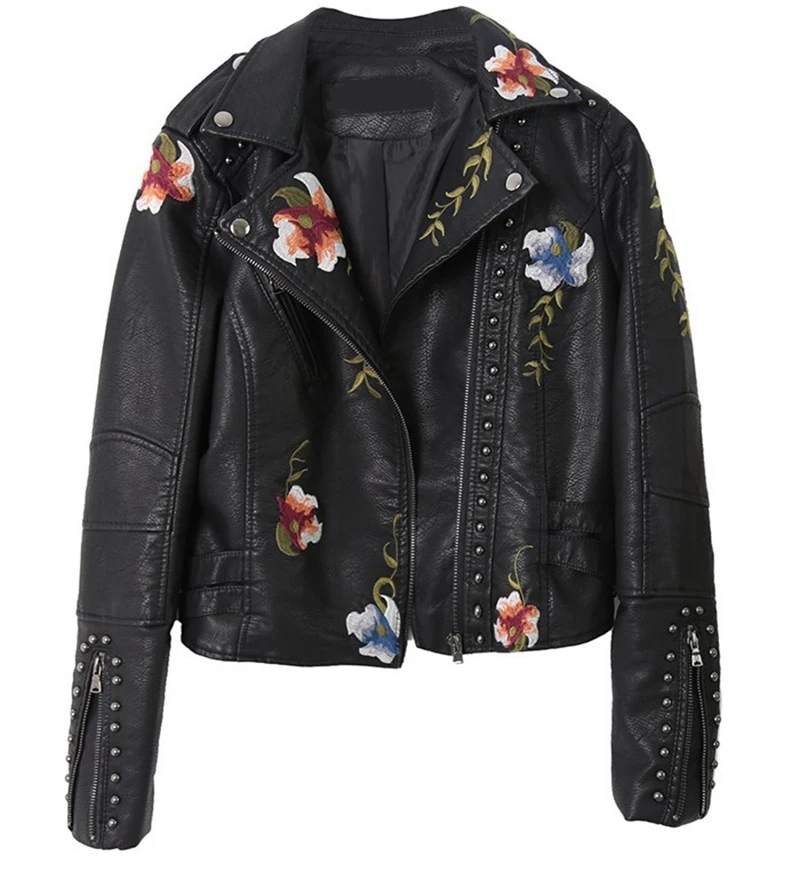

New Arrival Autumn Fashion Women Embroidery PU Leather Jacket Chic Rivets with Belt Biker Jackets Zippers Ladies Coats Outerwear