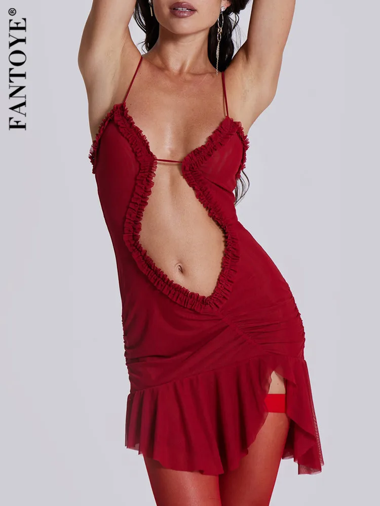 

Fantoye Sexy Hollow Out Ruffles Women Dress Red Spaghetti Strap Evening Dress Female Spring Skinny Elegant Party Clubwear 2024